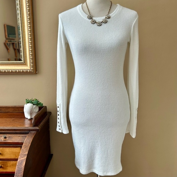 ENZA COSTA Button Cuff Mini Dress Winter White Long Sleeve Ribbed Sweater Size M - Picture 3 of 7